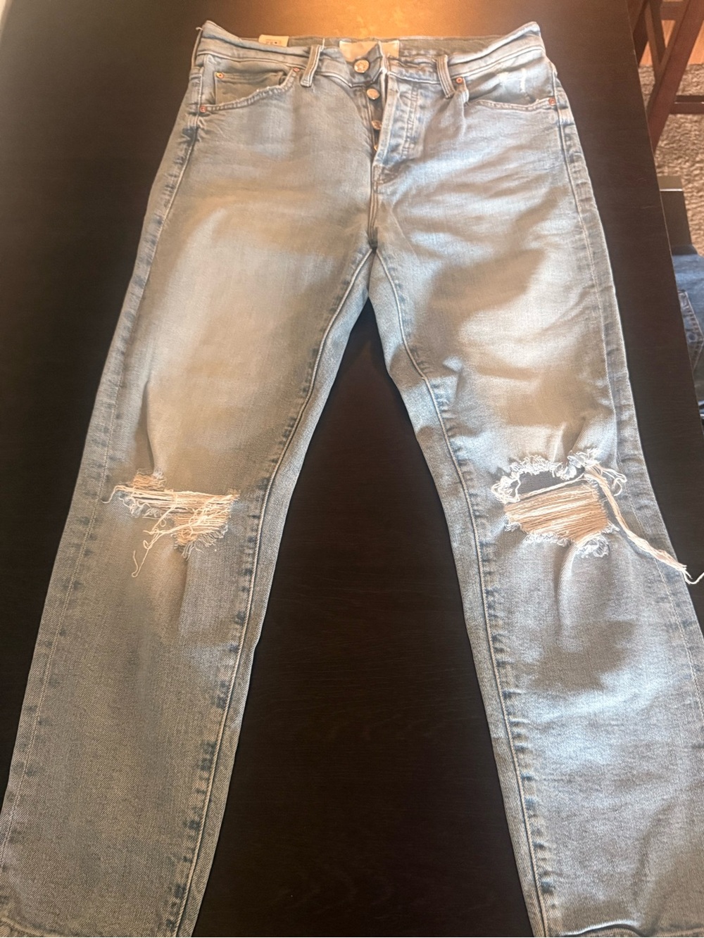 MOTHER Light Blue Straight Leg Ripped Jeans